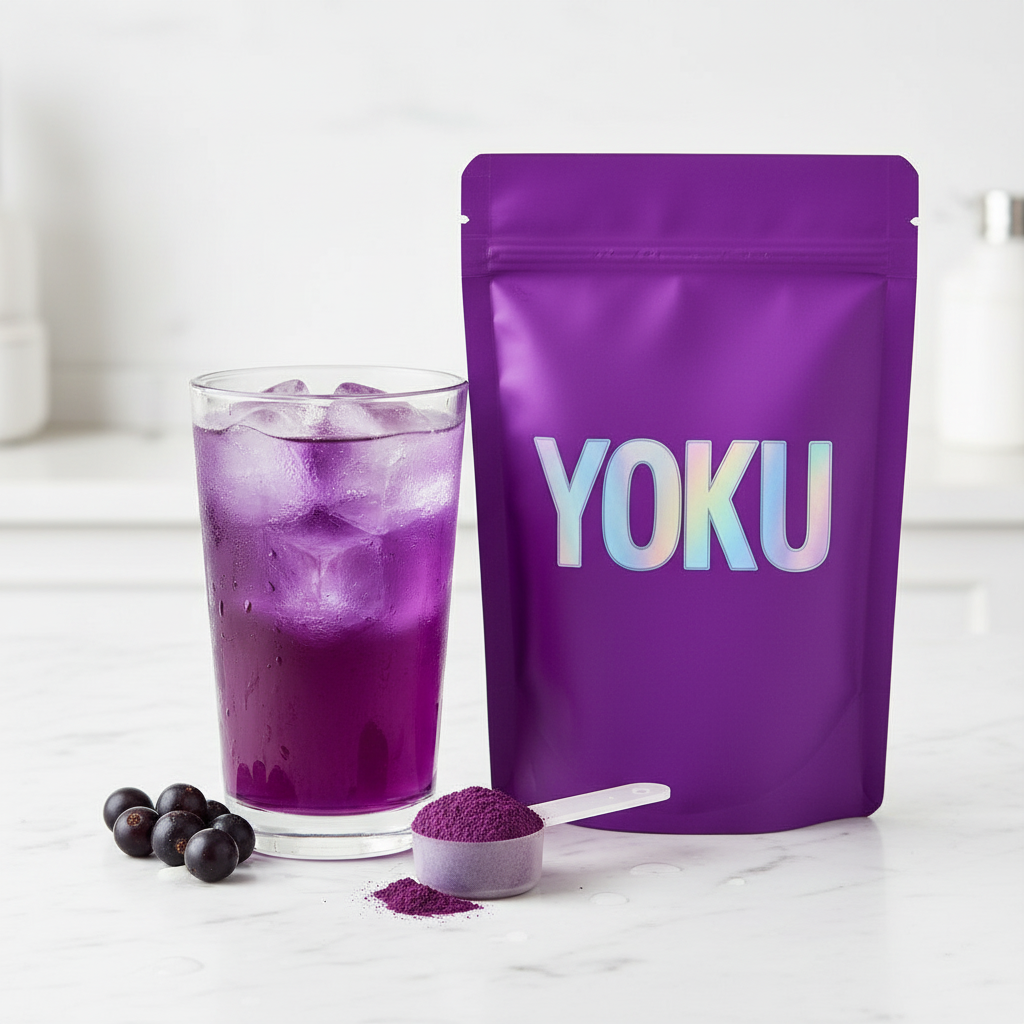 YOKU Blackcurrant Electrolytes with purple powder and refreshing drink