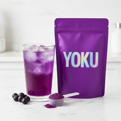 YOKU Blackcurrant Electrolytes with purple powder and refreshing drink
